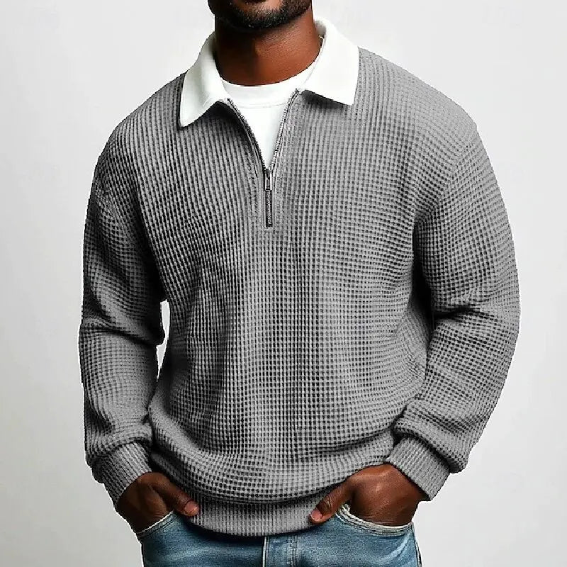 Men's Quarter Zip Polo Jumper with Textured Knit