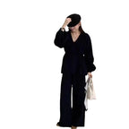 Women's Knitted Two Piece Set – V Neck Wrap Cardigan and Wide Leg Trousers