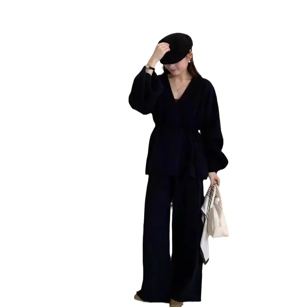 Women's Knitted Two Piece Set – V Neck Wrap Cardigan and Wide Leg Trousers