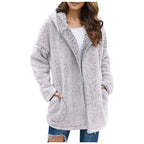 Women's Longline Teddy Fleece Coat – Open Front Jacket with Lapel Collar and Pockets