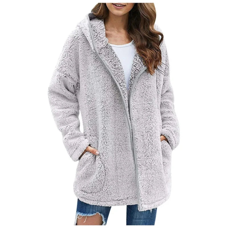 Women's Longline Teddy Fleece Coat – Open Front Jacket with Lapel Collar and Pockets