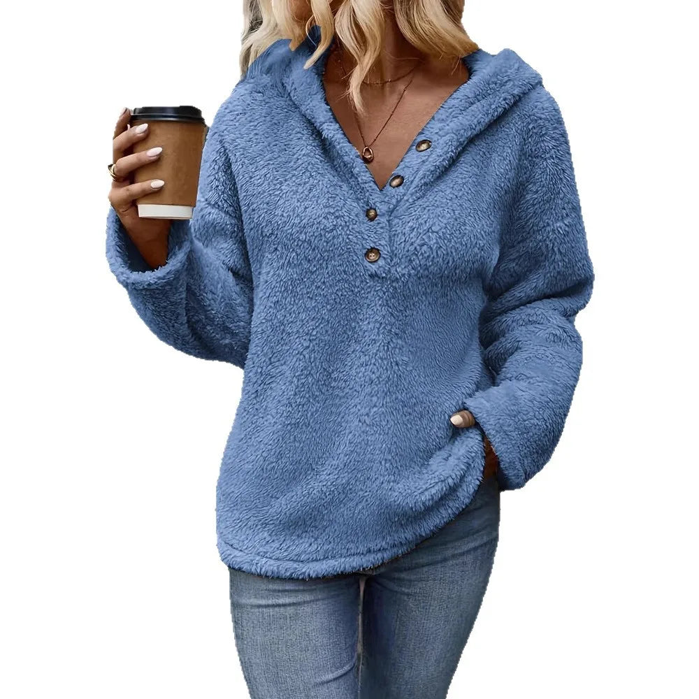 Women's Hooded Pullover Sweater – Button Neck Long Sleeve Jumper with Front Pockets
