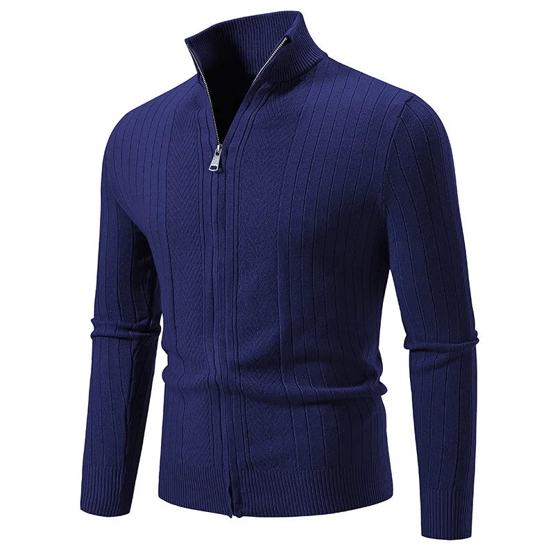 Men's Knitted Quarter Zip Jumper – Long Sleeve Ribbed Sweater with Stand Collar
