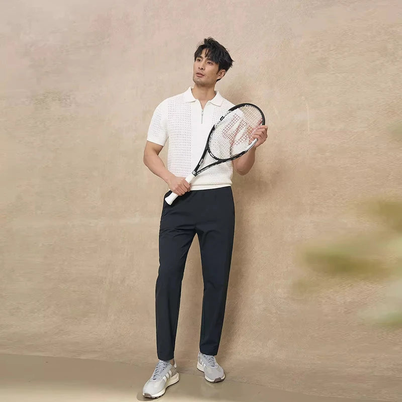 Mens Textured Knit Half Zip Polo