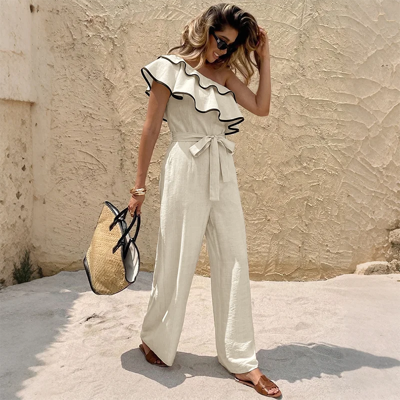 One Shoulder Ruffle Belted Jumpsuit