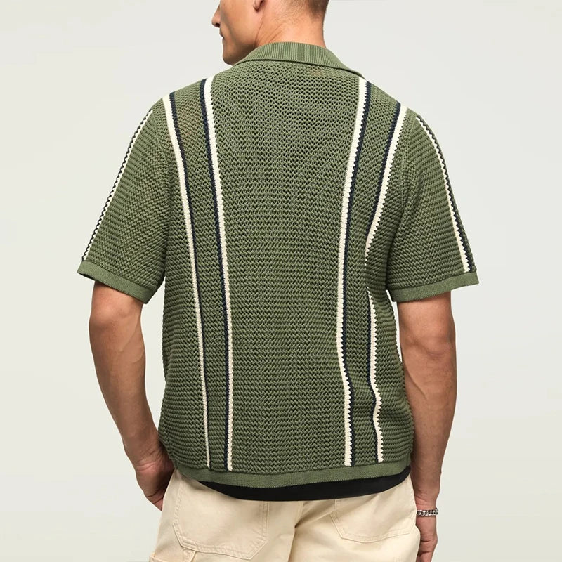 Stripe Knit Button Polo Shirt Men