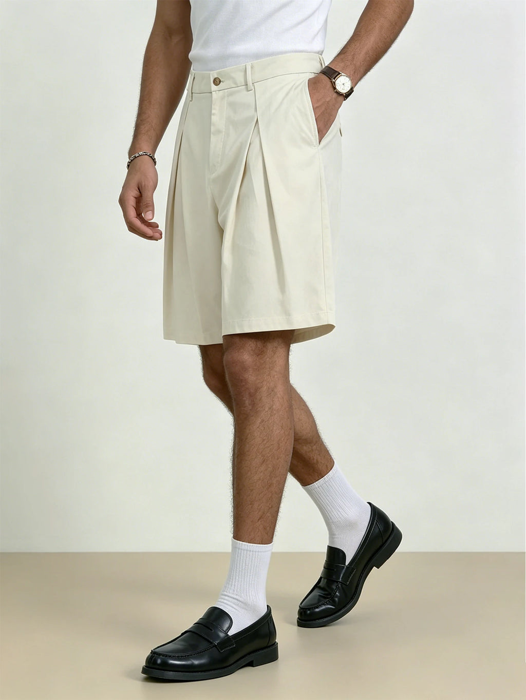 Men's Relaxed Fit Pleated Knee Length Tailored Shorts With Pockets