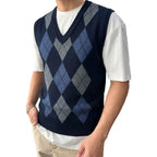 Men's Argyle Knit Gilet with V Neck Diamond Pattern