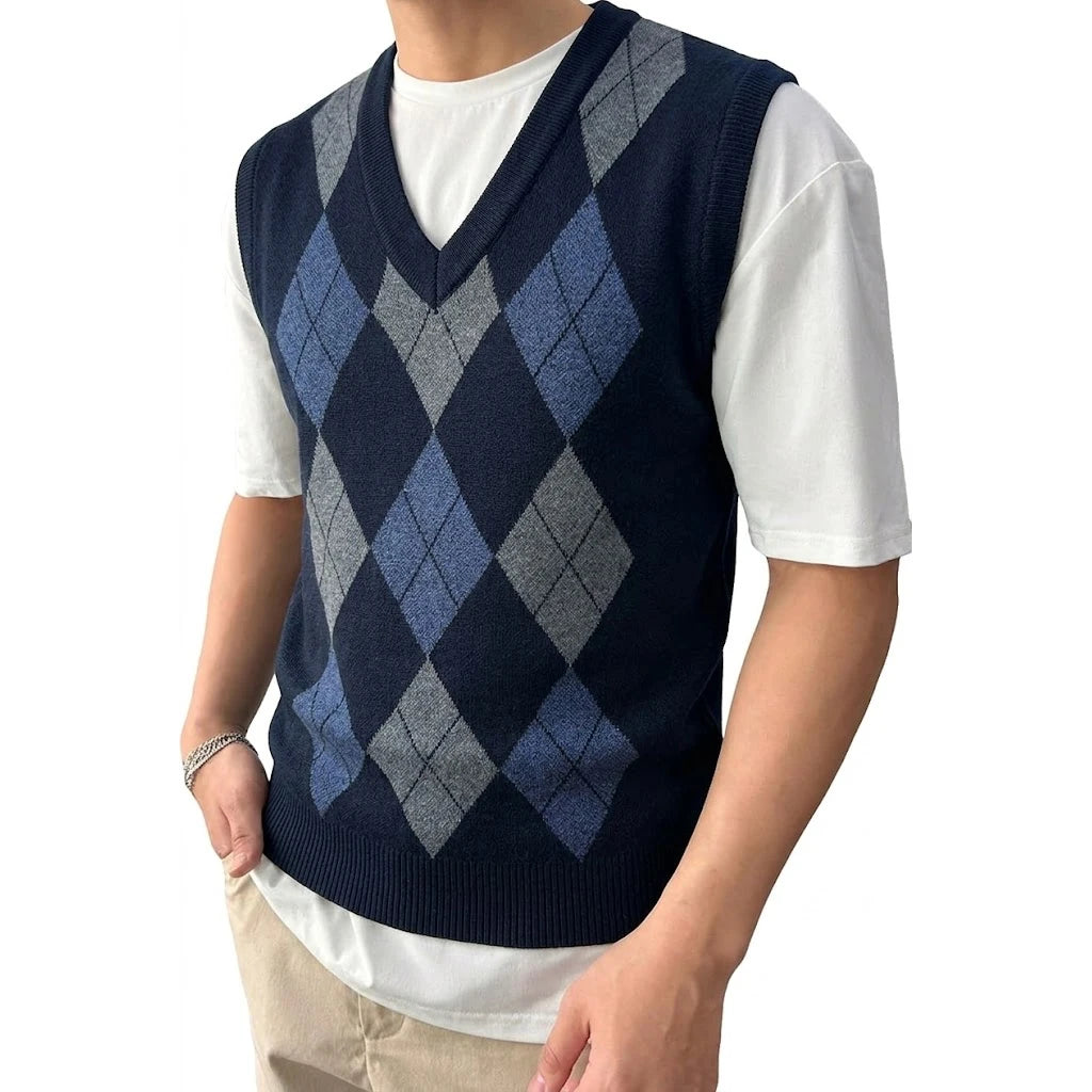 Men's Argyle Knit Gilet with V Neck Diamond Pattern
