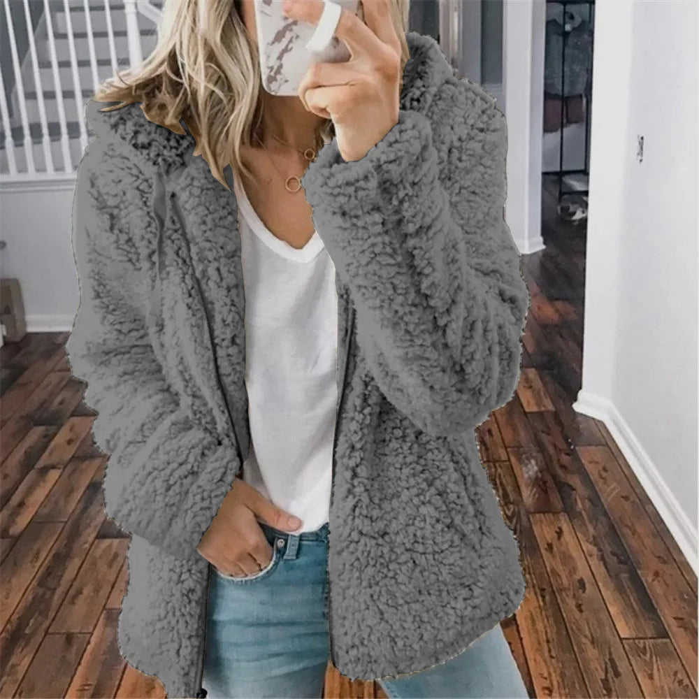 Women's Teddy Fleece Jacket – Fluffy Long Sleeve Open Front Winter Coat