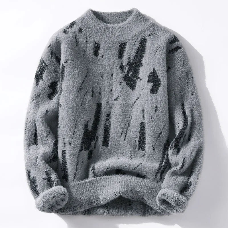 Men's Abstract Knit Jumper with Crew Neck Brushstroke Pattern