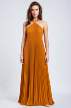 Women's Pleated Halter Maxi Dress with Sleeveless A Line Fit