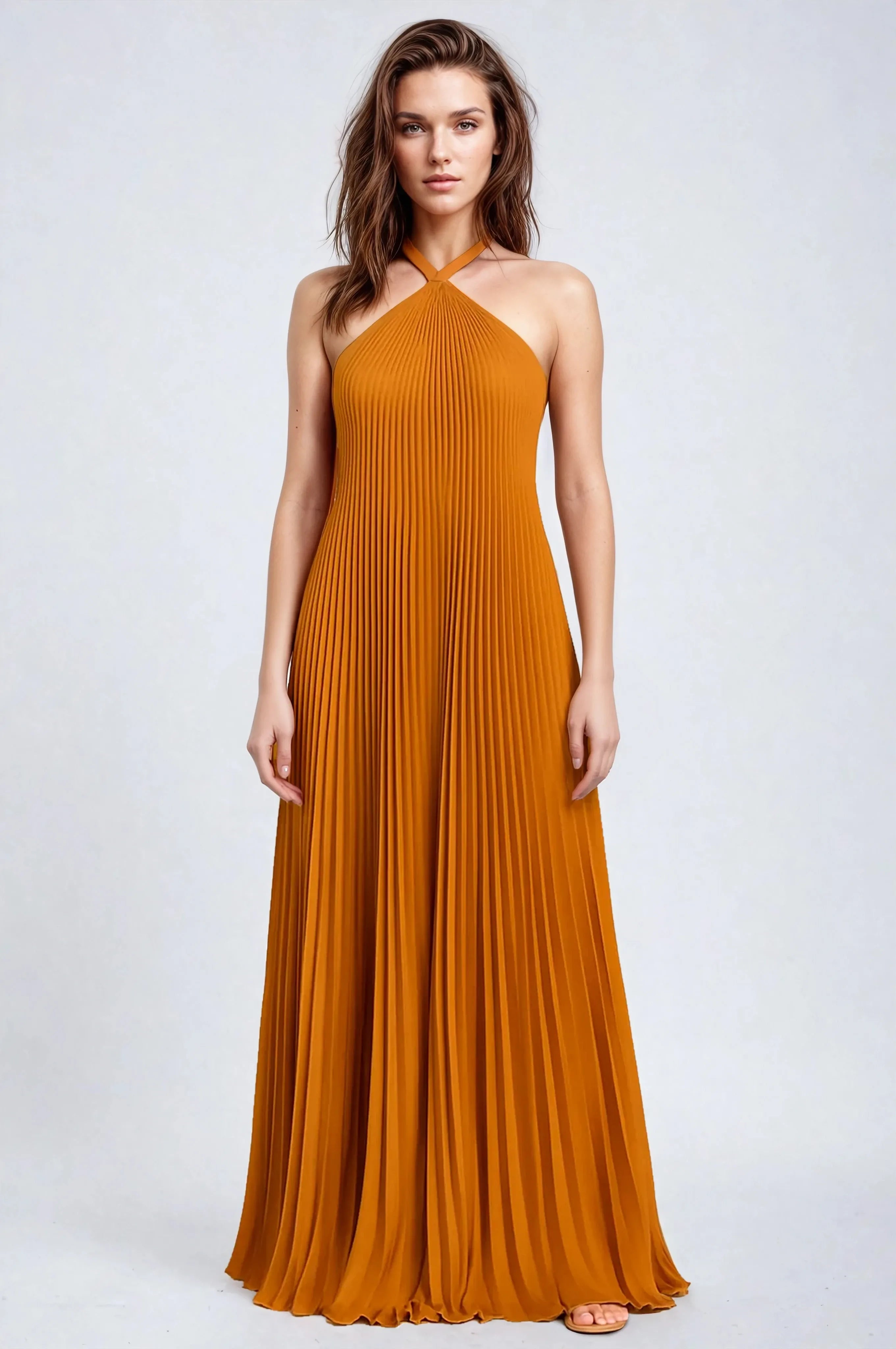 Women's Pleated Halter Maxi Dress with Sleeveless A Line Fit