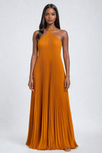 Women's Pleated Halter Maxi Dress with Sleeveless A Line Fit