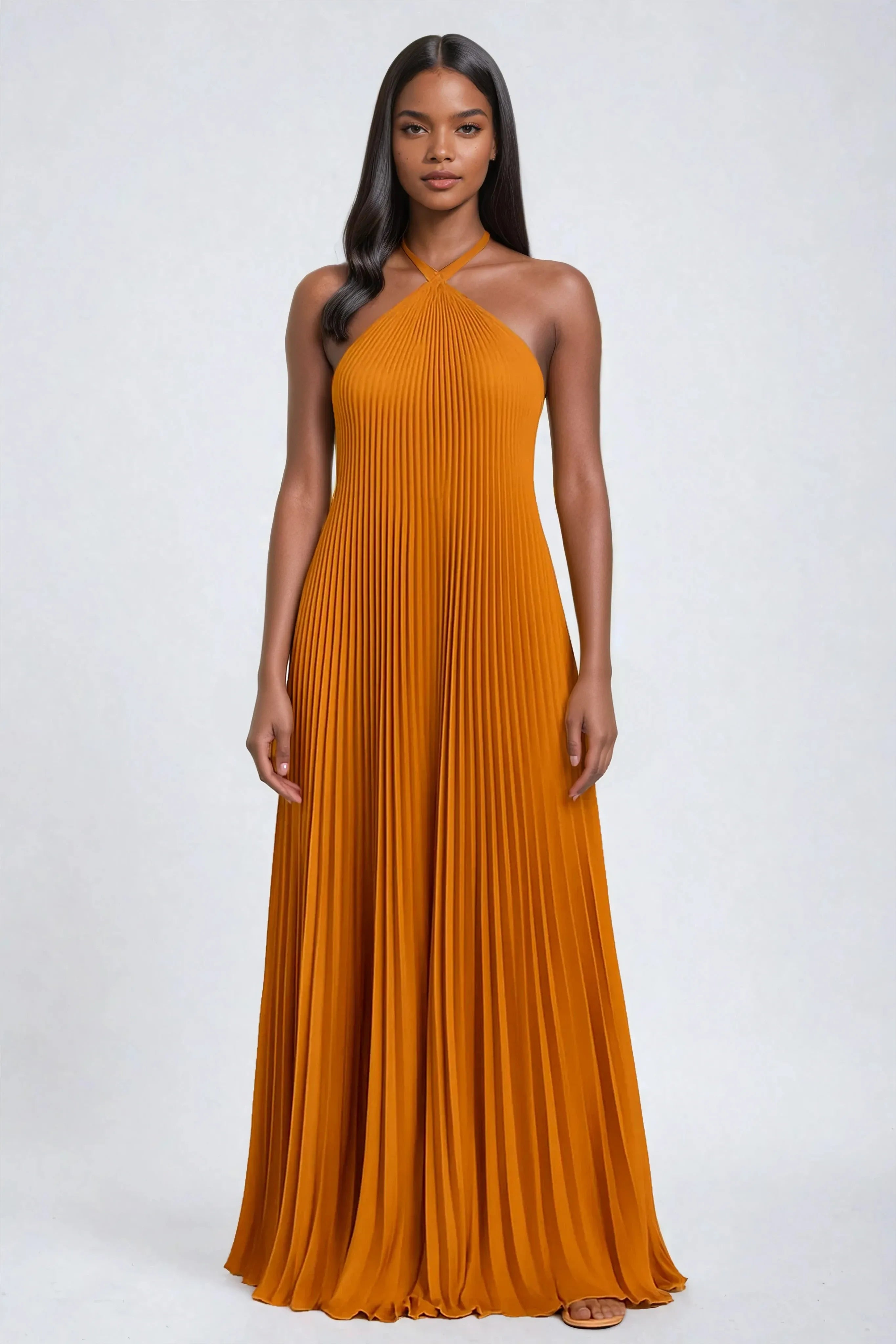 Women's Pleated Halter Maxi Dress with Sleeveless A Line Fit