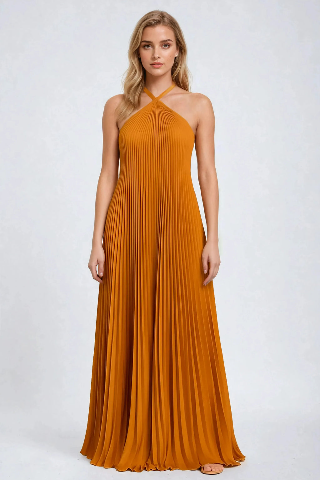 Women's Pleated Halter Maxi Dress with Sleeveless A Line Fit