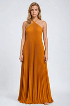 Women's Pleated Halter Maxi Dress with Sleeveless A Line Fit