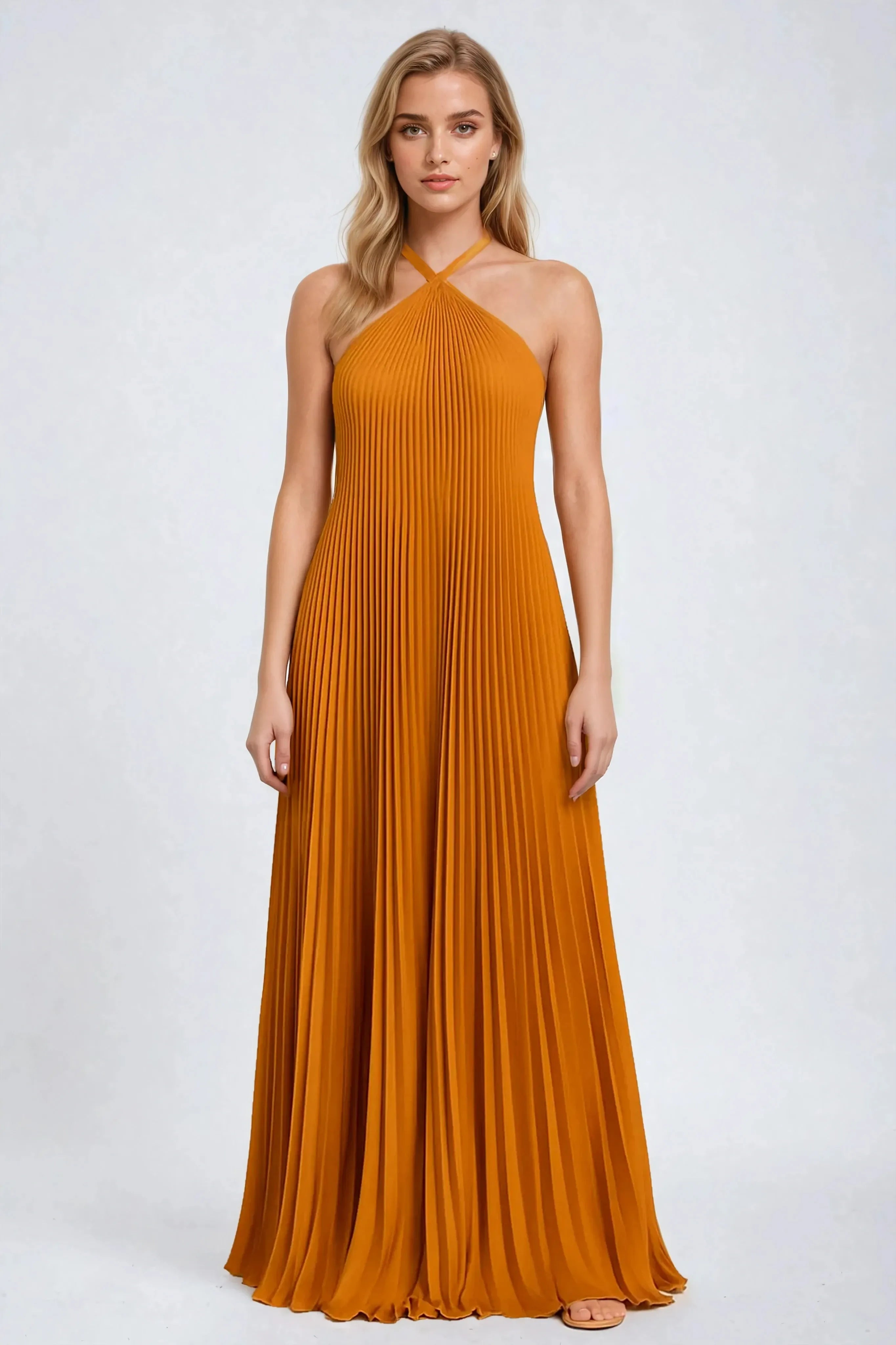 Women's Pleated Halter Maxi Dress with Sleeveless A Line Fit