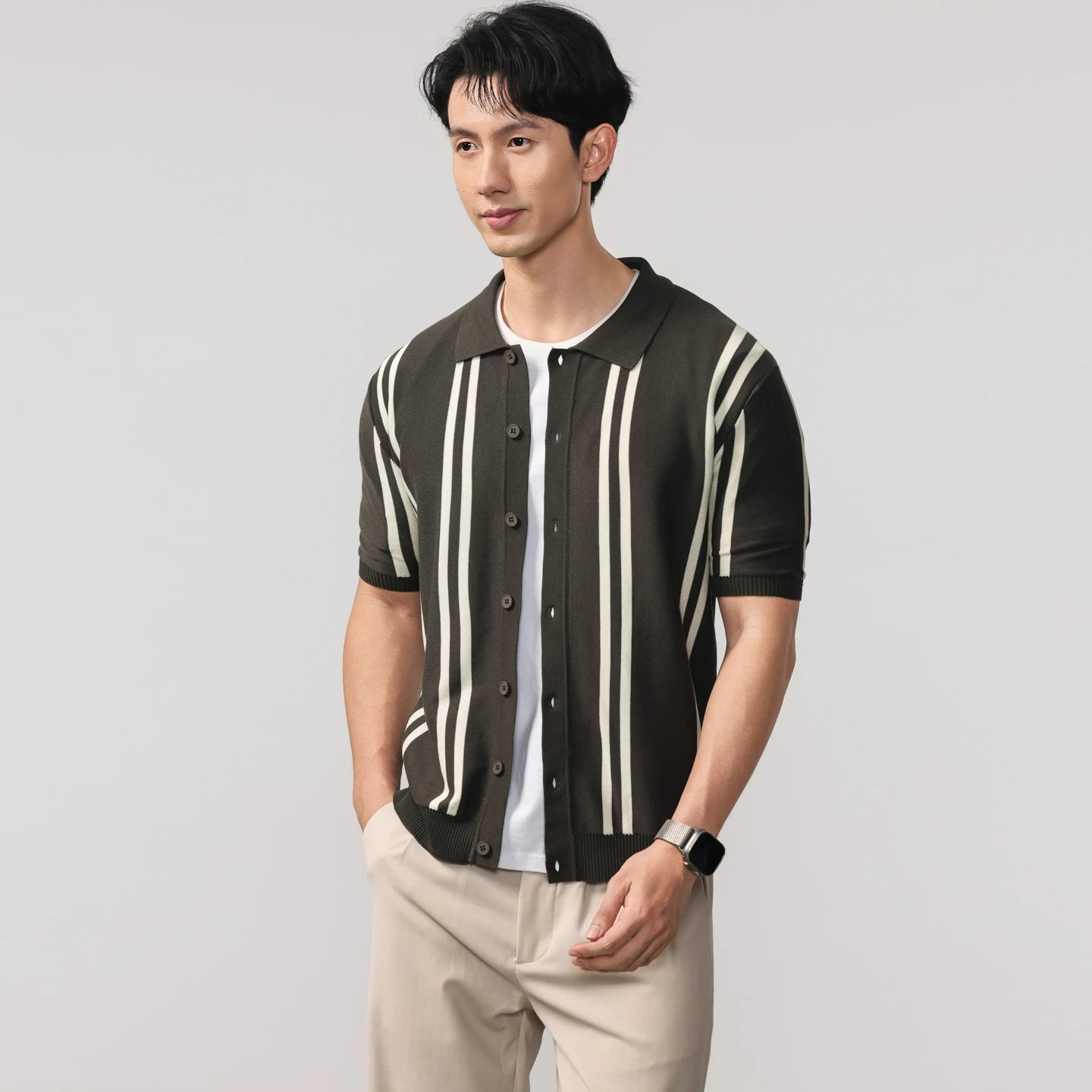 Contrast Stripe Button Up Knit Top