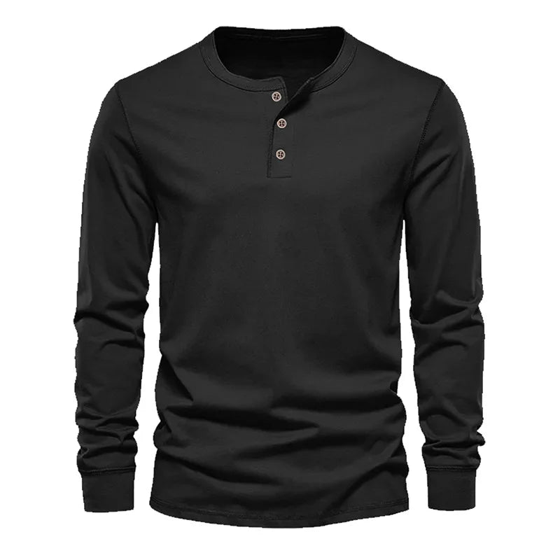 Men's Classic Long Sleeve Henley Tee with Round Neck