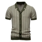 Men's Collared Striped Polo Shirt with Ribbed Cuffs and Hem