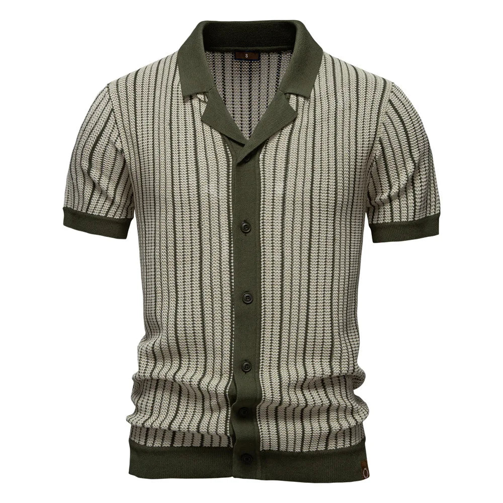 Men's Collared Striped Polo Shirt with Ribbed Cuffs and Hem
