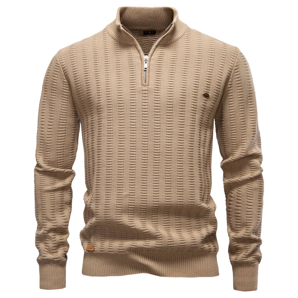 Men's Knitted Quarter-Zip Jumper – Long Sleeve High Neck Ribbed Pullover Sweater