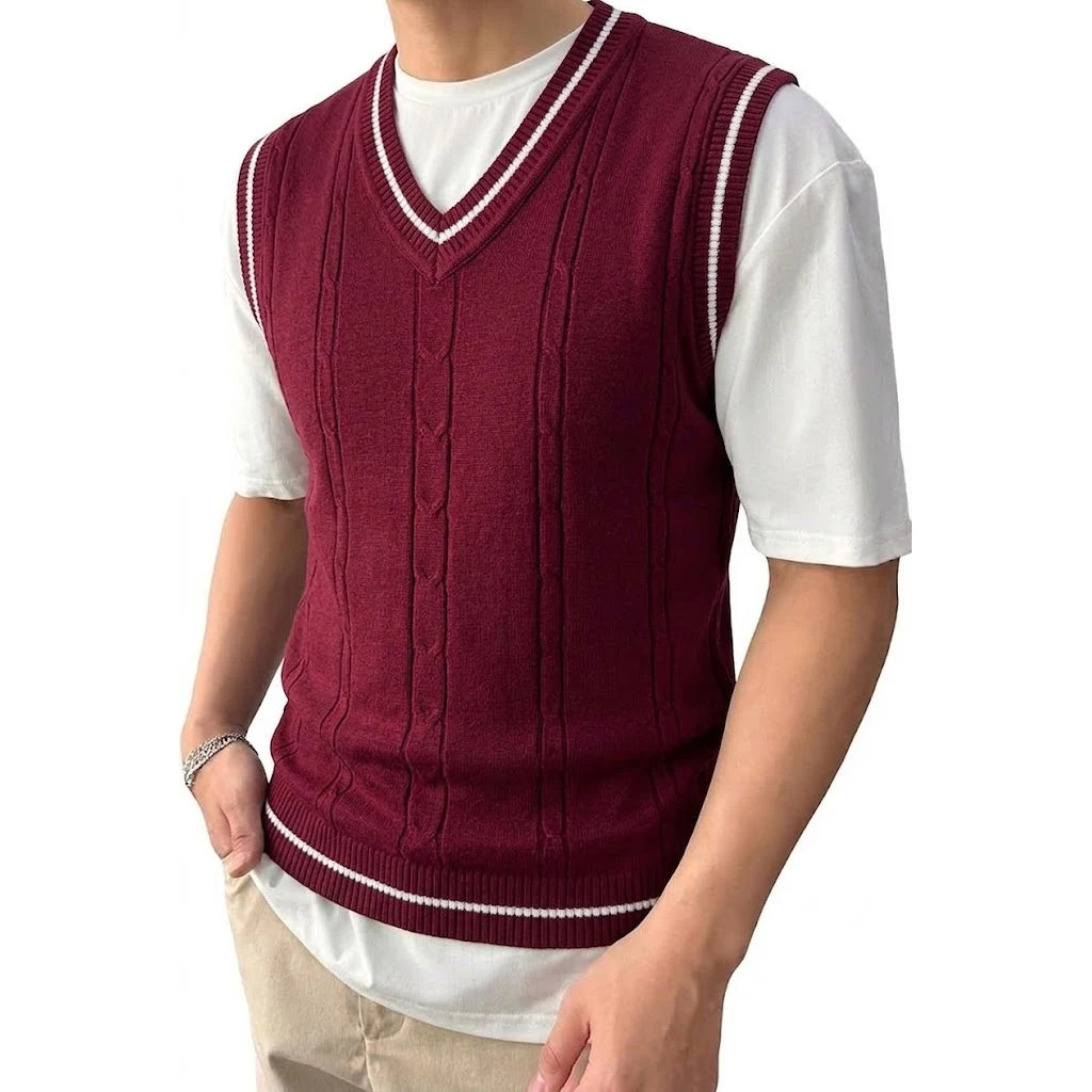 Men's Cable Knit Gilet with V Neck and Ribbed Trims