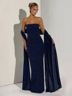 Women's Matching Scarf Strapless Long Dress