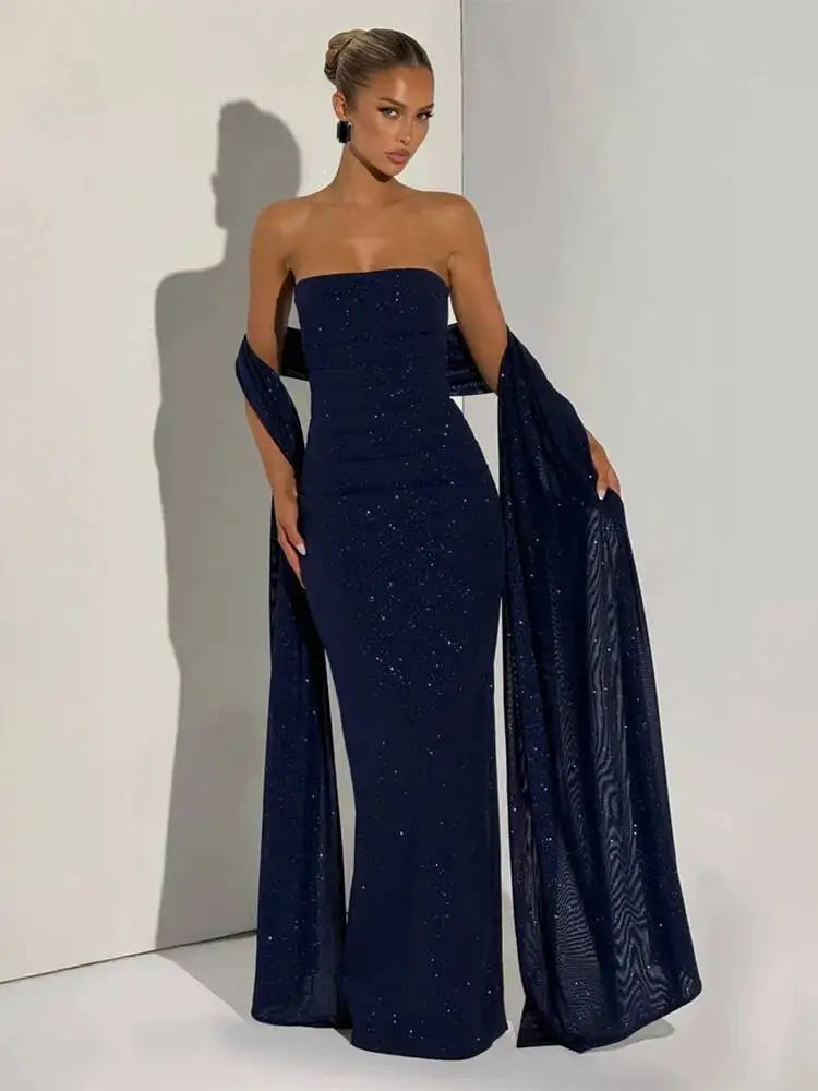 Women's Matching Scarf Strapless Long Dress