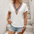 Women's Contrast Trim V Neck Short Sleeve Top