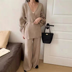 Women's Knitted Two Piece Set – V Neck Wrap Cardigan and Wide Leg Trousers