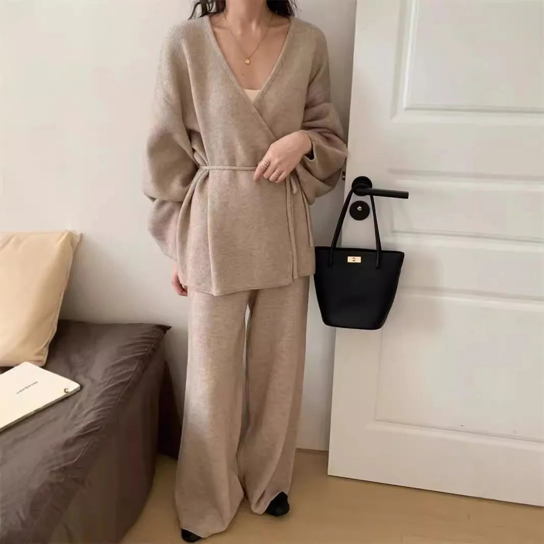 Women's Knitted Two Piece Set – V Neck Wrap Cardigan and Wide Leg Trousers