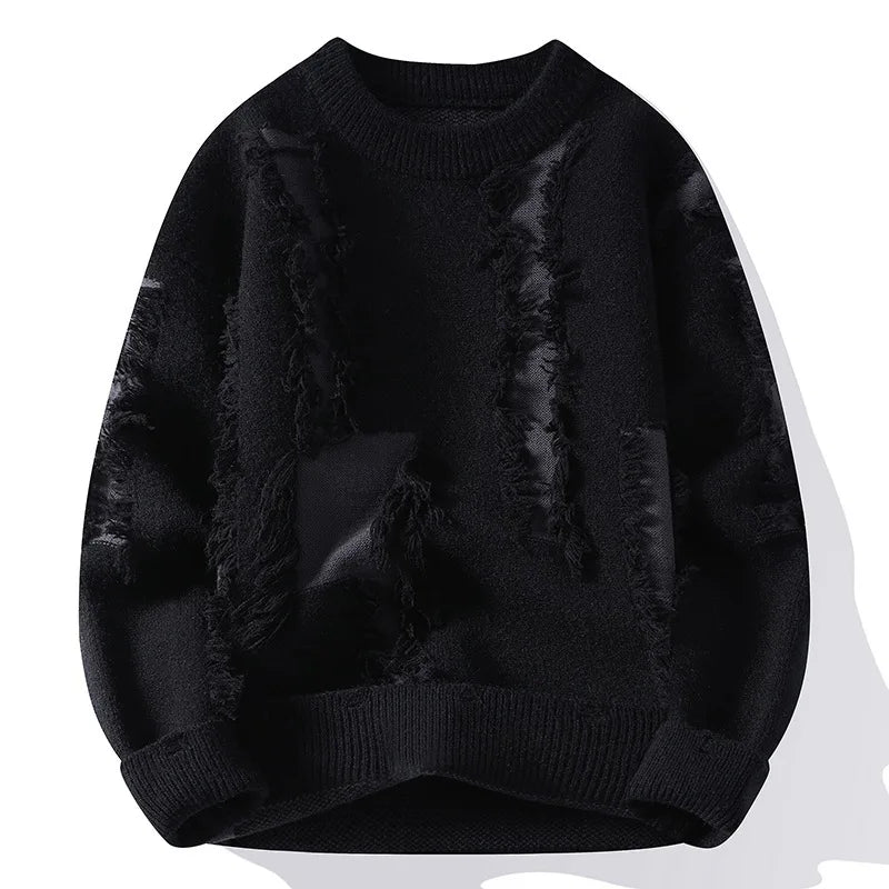 Men's Distressed Knit Jumper with Textured Panel Detail