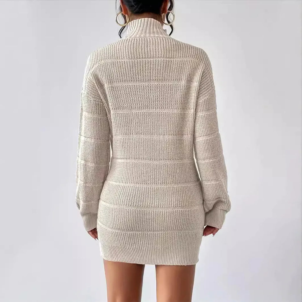 Women's Knitted Sweater Dress – Ribbed Turtleneck Mini Dress with Long Sleeves