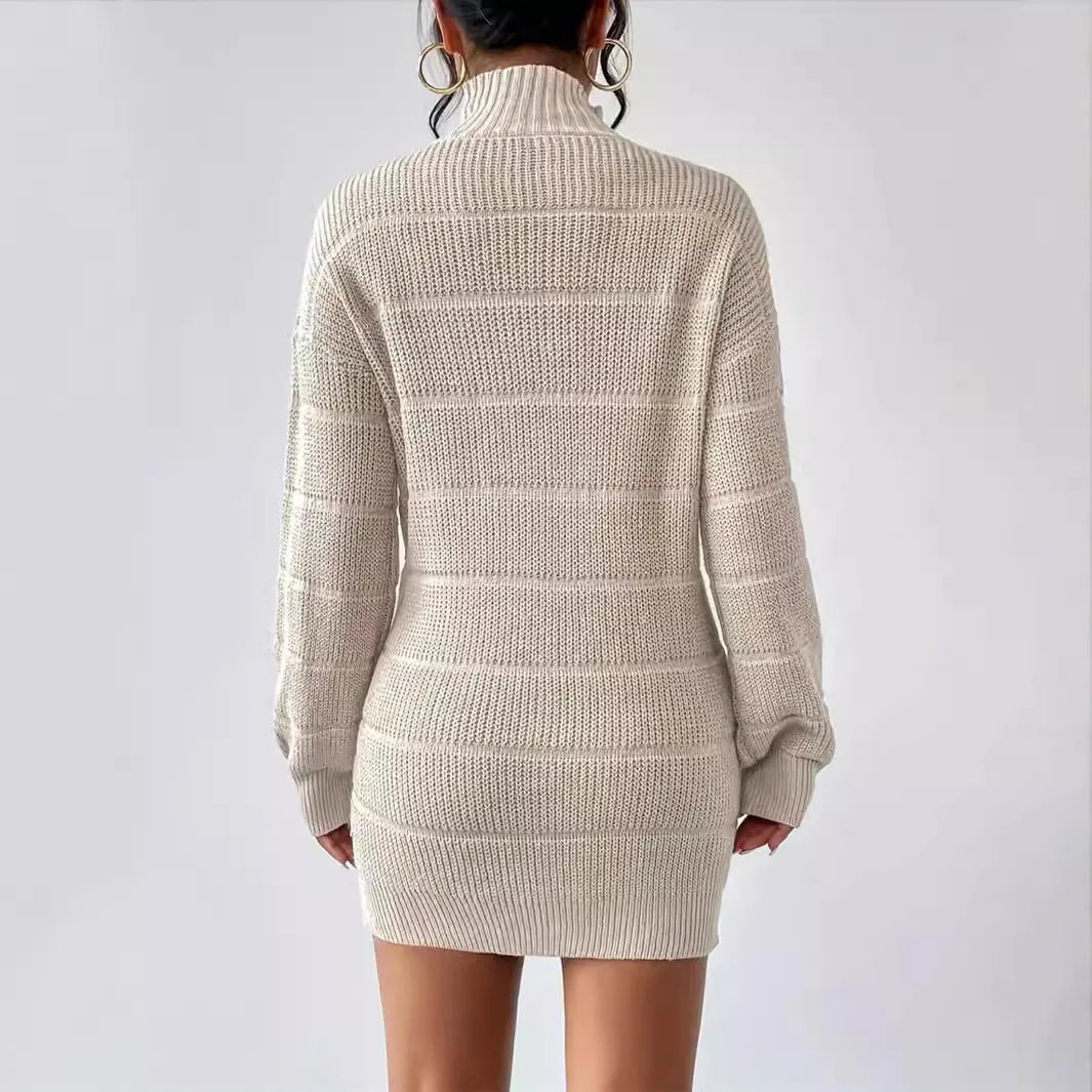 Women's Knitted Sweater Dress – Ribbed Turtleneck Mini Dress with Long Sleeves