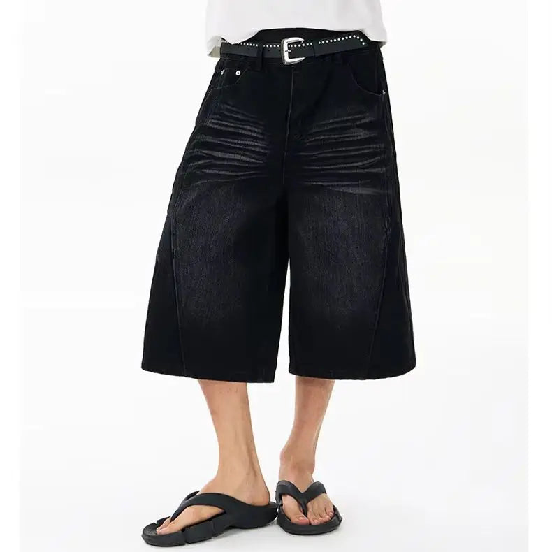 Men's Wide Leg Denim Bermuda Shorts With Classic Pockets