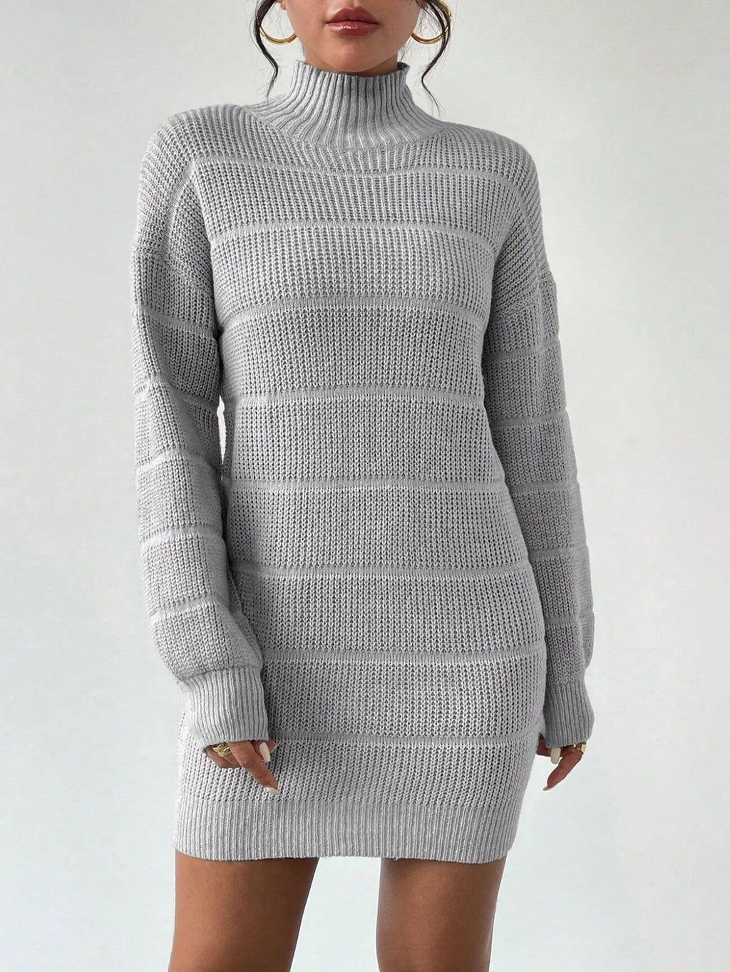 Women's Knitted Sweater Dress – Ribbed Turtleneck Mini Dress with Long Sleeves