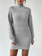 Women's Knitted Sweater Dress – Ribbed Turtleneck Mini Dress with Long Sleeves