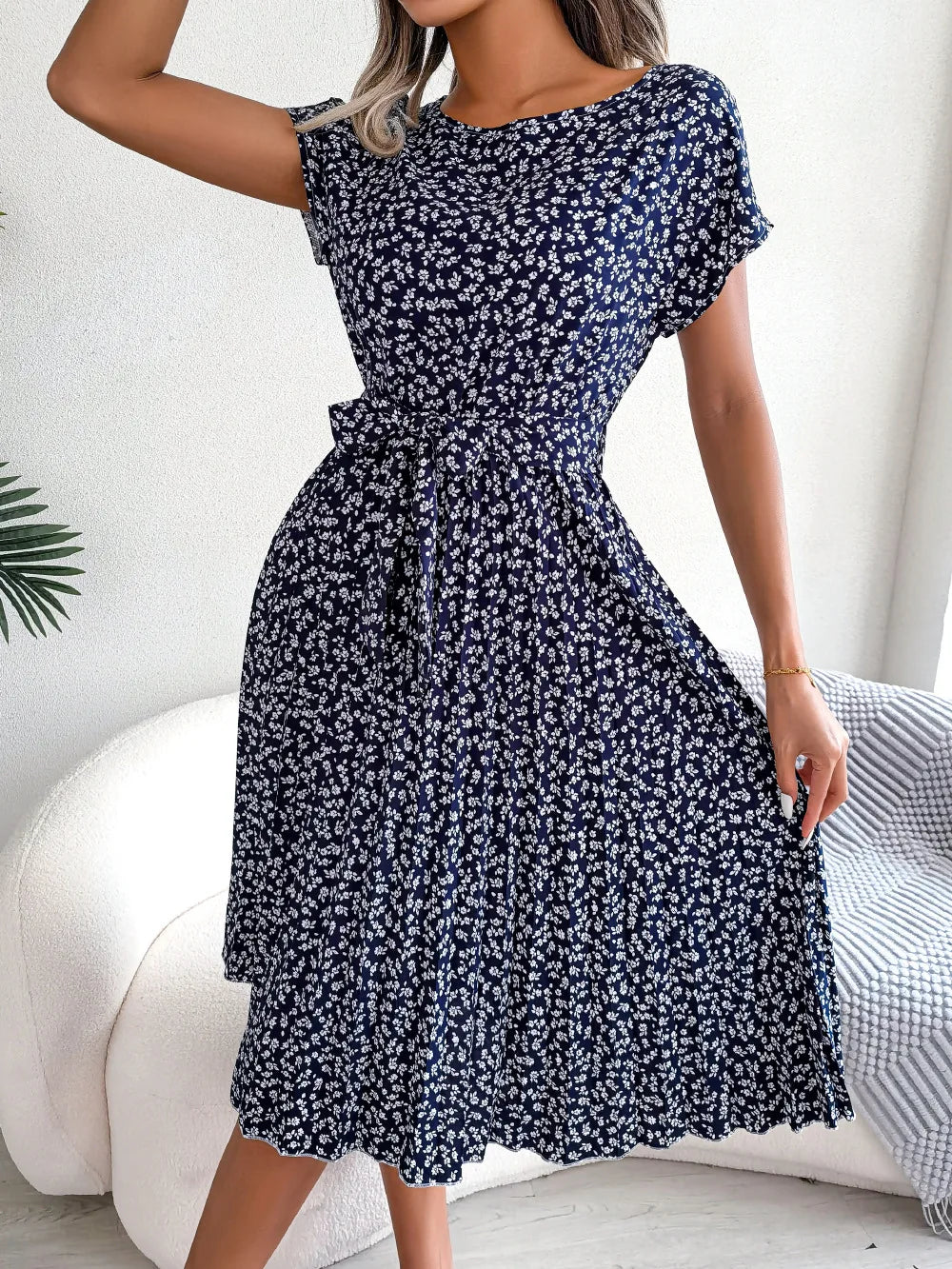 Women's Smocked Waist Printed Midi Swing Dress