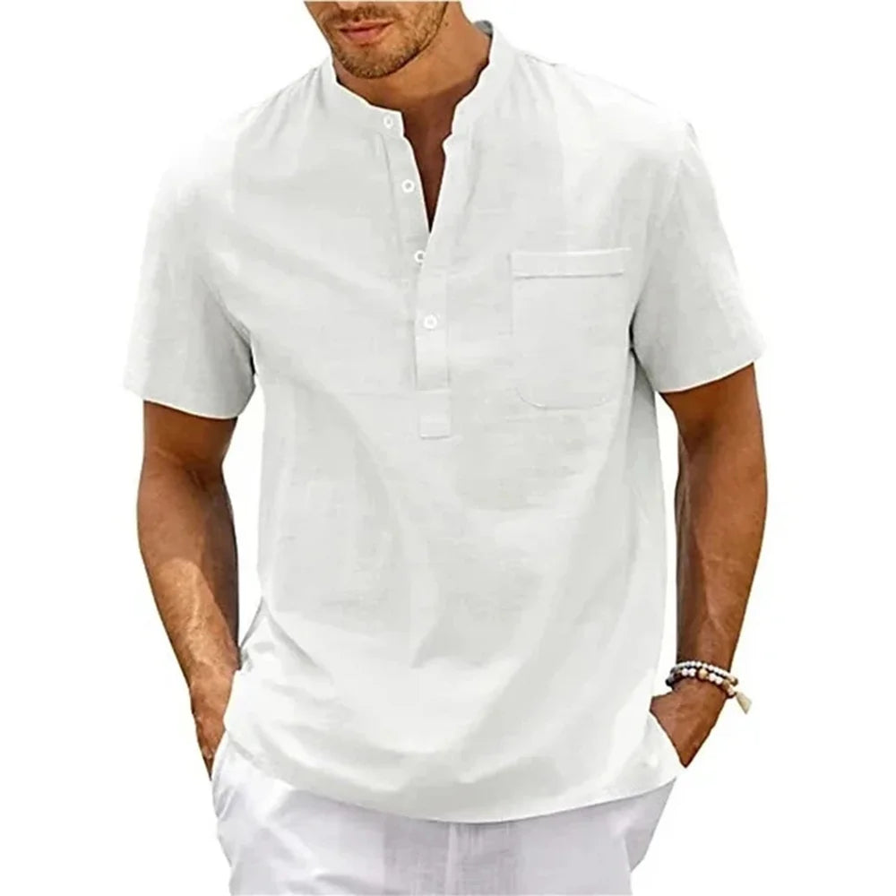 Band Collar Button Front Short Sleeve Shirt