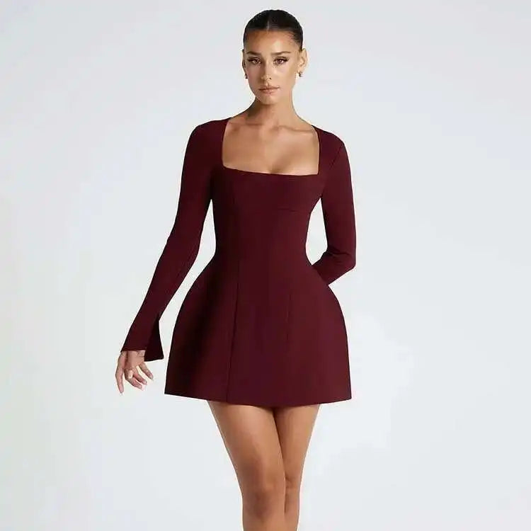 Square Neck A Line Mini Dress With Sleeves