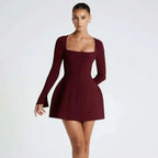 Square Neck A Line Mini Dress With Sleeves