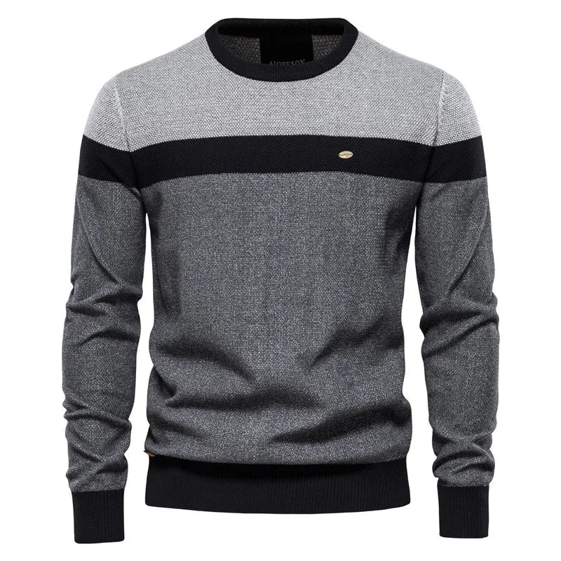 Men's Knitted Crew Neck Jumper – Long Sleeve Colour Block Sweater with Ribbed Cuffs and Hem