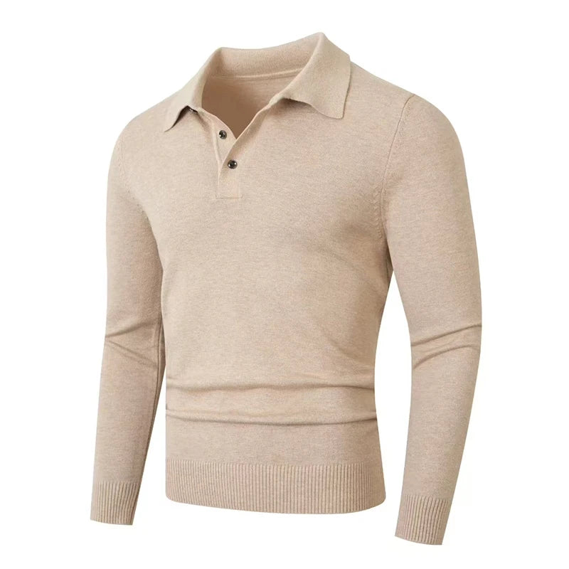Men's Knitted Polo Jumper with Long Sleeves Ribbed Hem