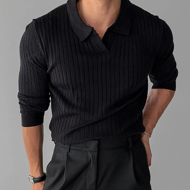 Ribbed Knit Polo Shirt Mens Top