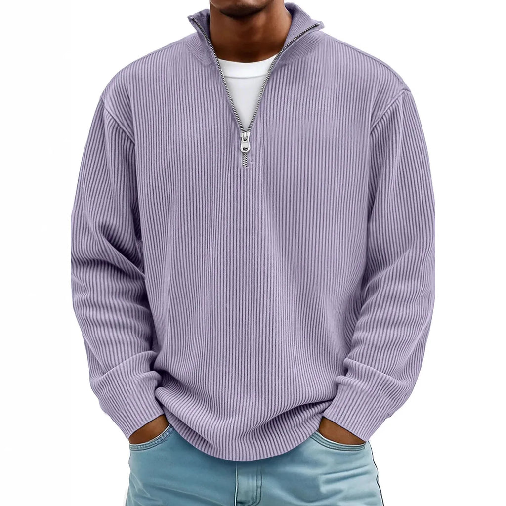 Men's Quarter Zip Ribbed Jumper with Stand Collar