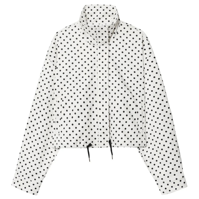 Women's Polka Dot Jacket – Cropped Hooded Zip Front Coat with Long Sleeves and Pockets