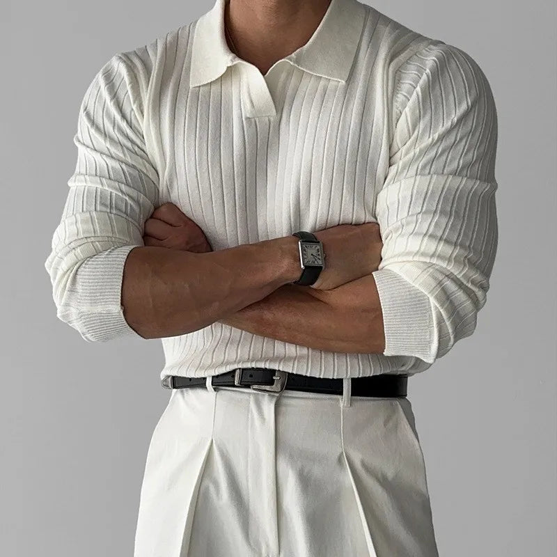 Ribbed Knit Polo Shirt Mens Top