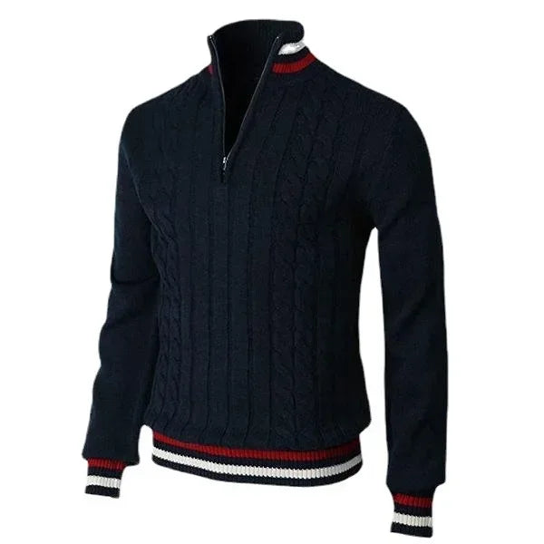 Men's Cable Knit Quarter Zip Jumper with Striped Trim